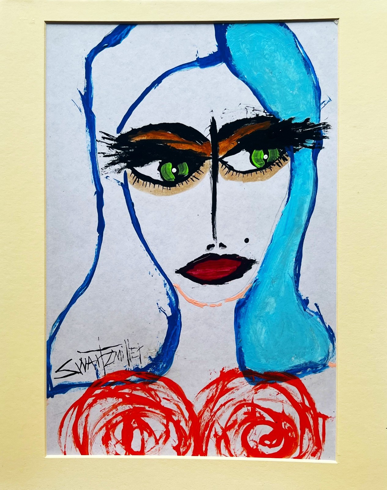 colorful ORIGINAL POP ART LADY Portrait FRAMED PAINTING SWARTZMILLER DNA SIGNED