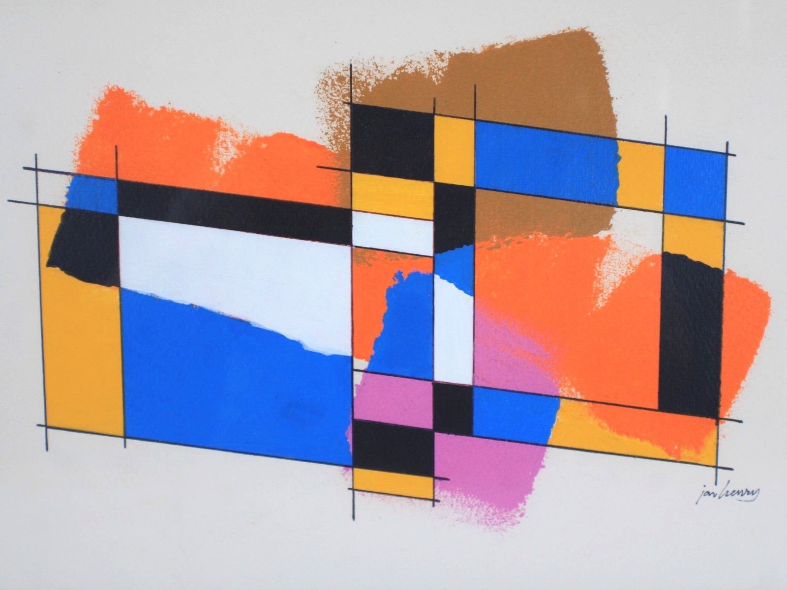 Mid Century Modernist Style Abstract Oil Painting On Board Signed Jon Henry