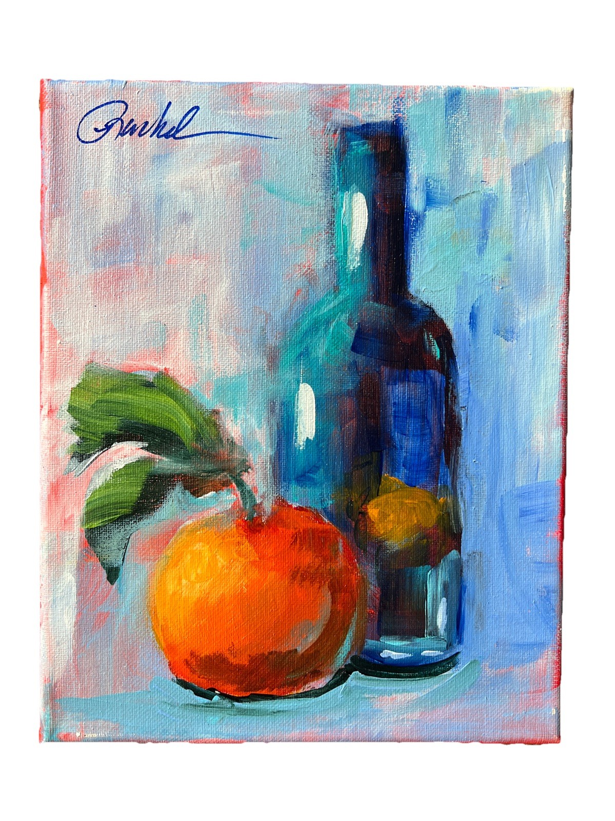 8 X10 Original Abstract Blue Glass Bottle With Orange Still Life Painting Canvas