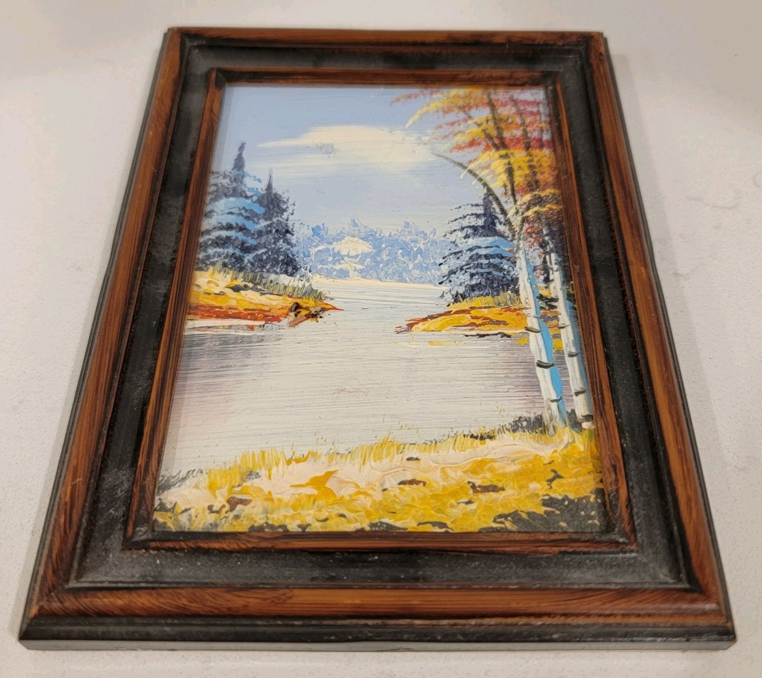 Miniature River And Landscape Scene Oil Painting – Framed Vtg 5.5 X 4.5