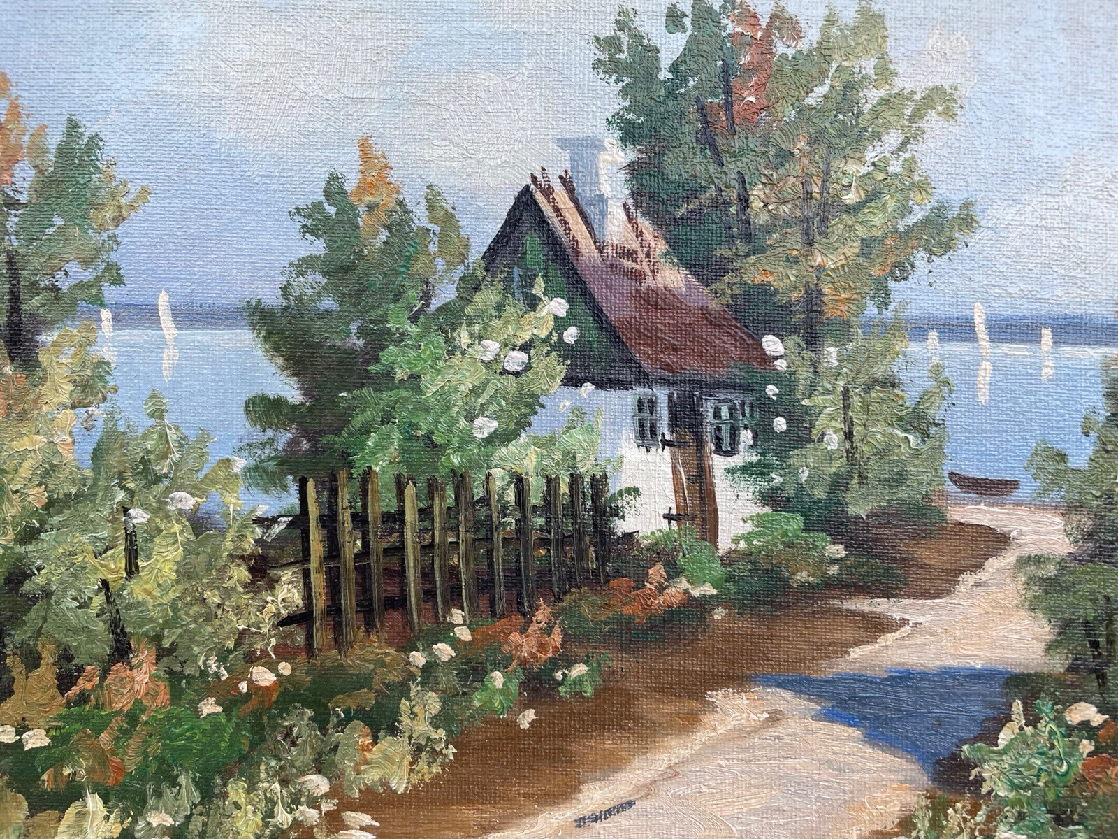 Impressionist Summer Landscape Cottage With Garden By The Sea Coast Sailboats