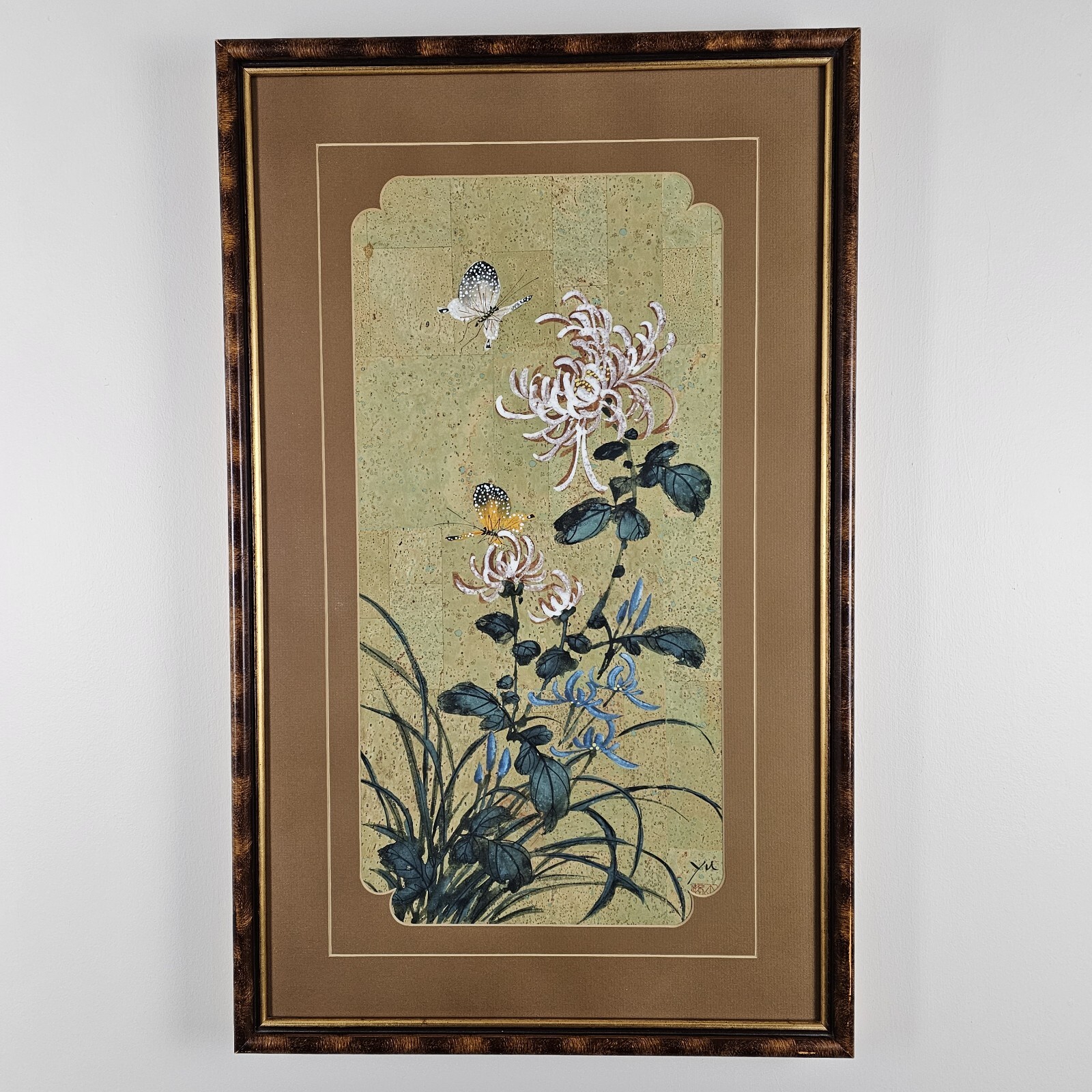 Vintage Original Signed Yu Asian Painting 31.5×19.75 Framed Art Flower Butterfly