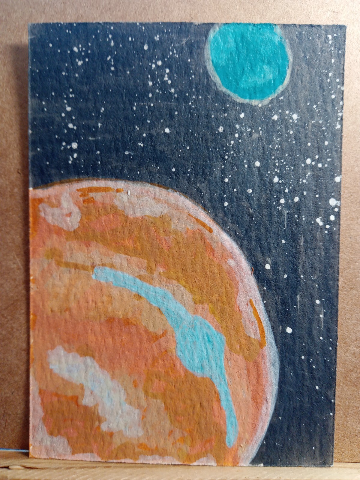 ACEO Outer Space planet & moon original acrylic painting new 3.5″ x 2.5″ myfancy