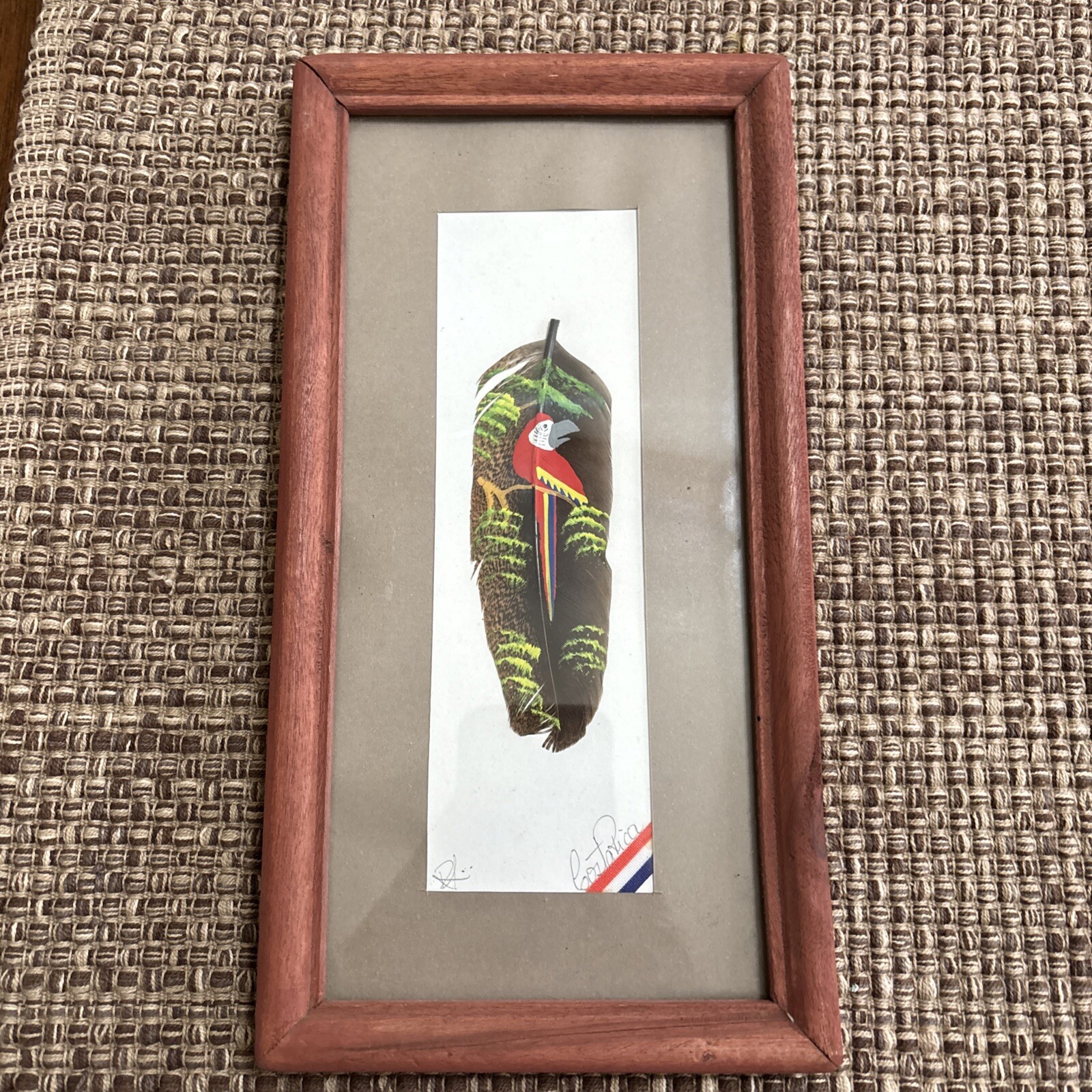Vintage Souvenir Costa Rica TOUCAN Folk Art Painting on Feathers Signed framed
