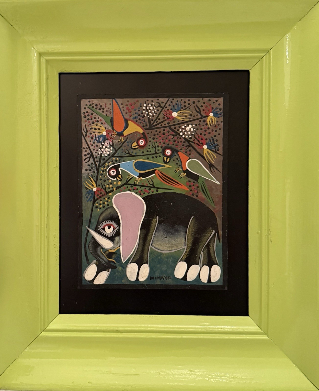 Naive Elephant, Bird, Animals In Childlike Pointalist Style. Whimsical Framed