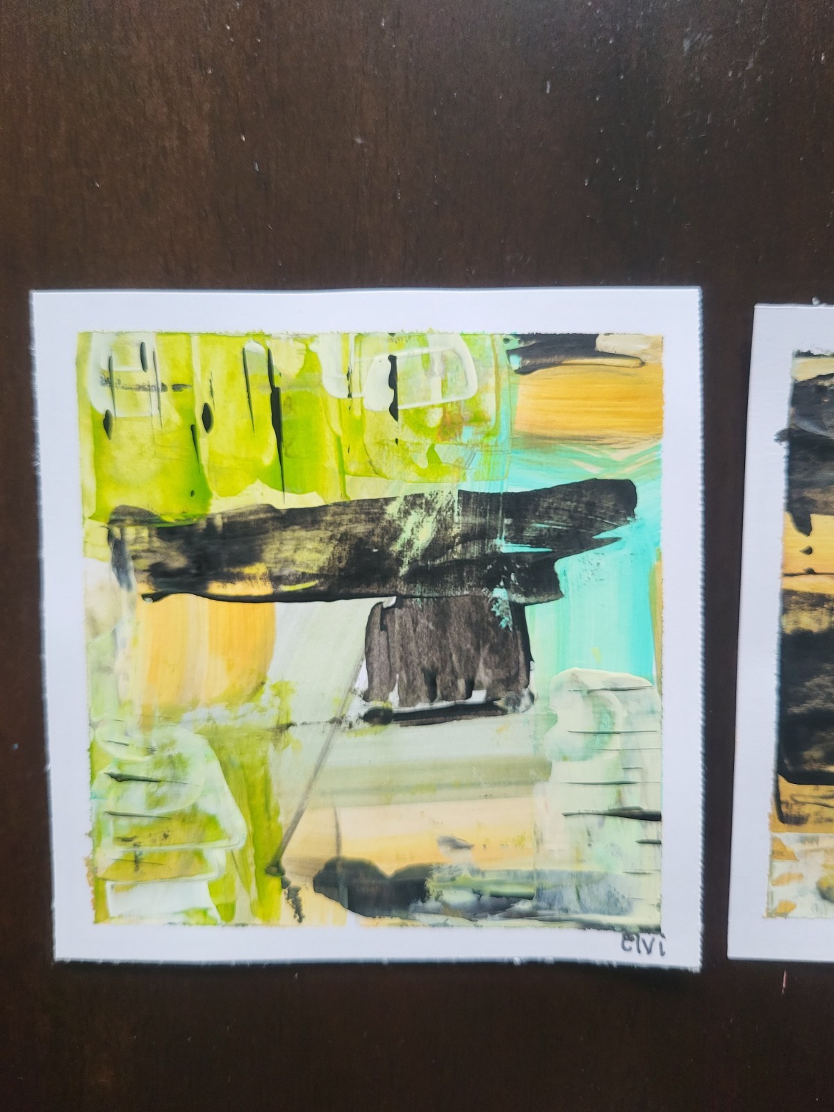 Elvi Set Of 2 Green Abstract 4×4 Paintings On Heavy paper Acrylic Modern Art