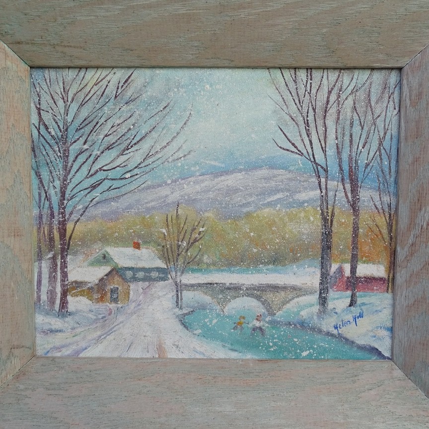 Vintage Naive Winter Landscape Oil Painting Snow Day with Ice Skaters 13.5×11.5