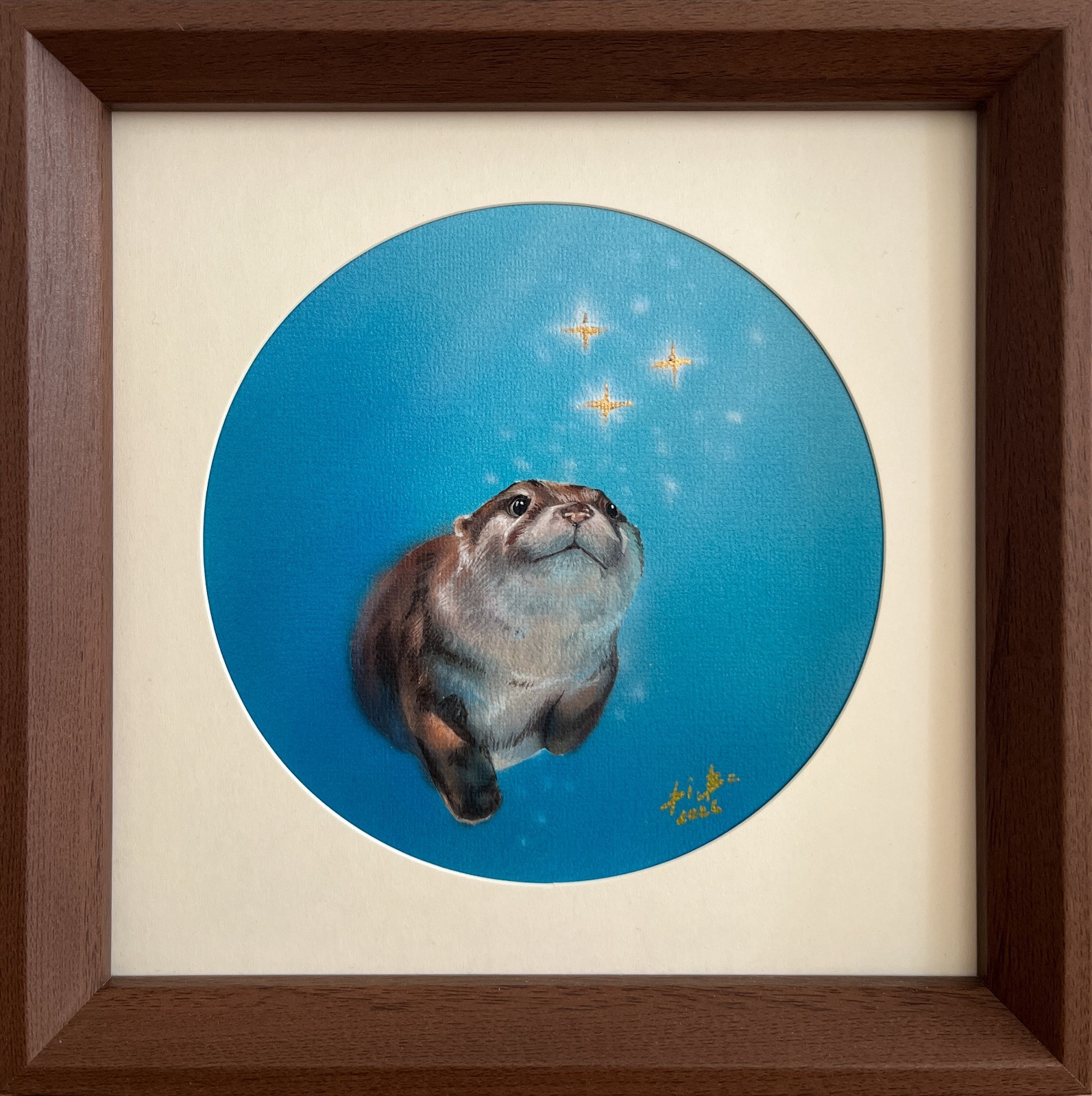 Original acrylic painting with a frame, Otter, OOAK, d-13,5 cm , 20*20 cm