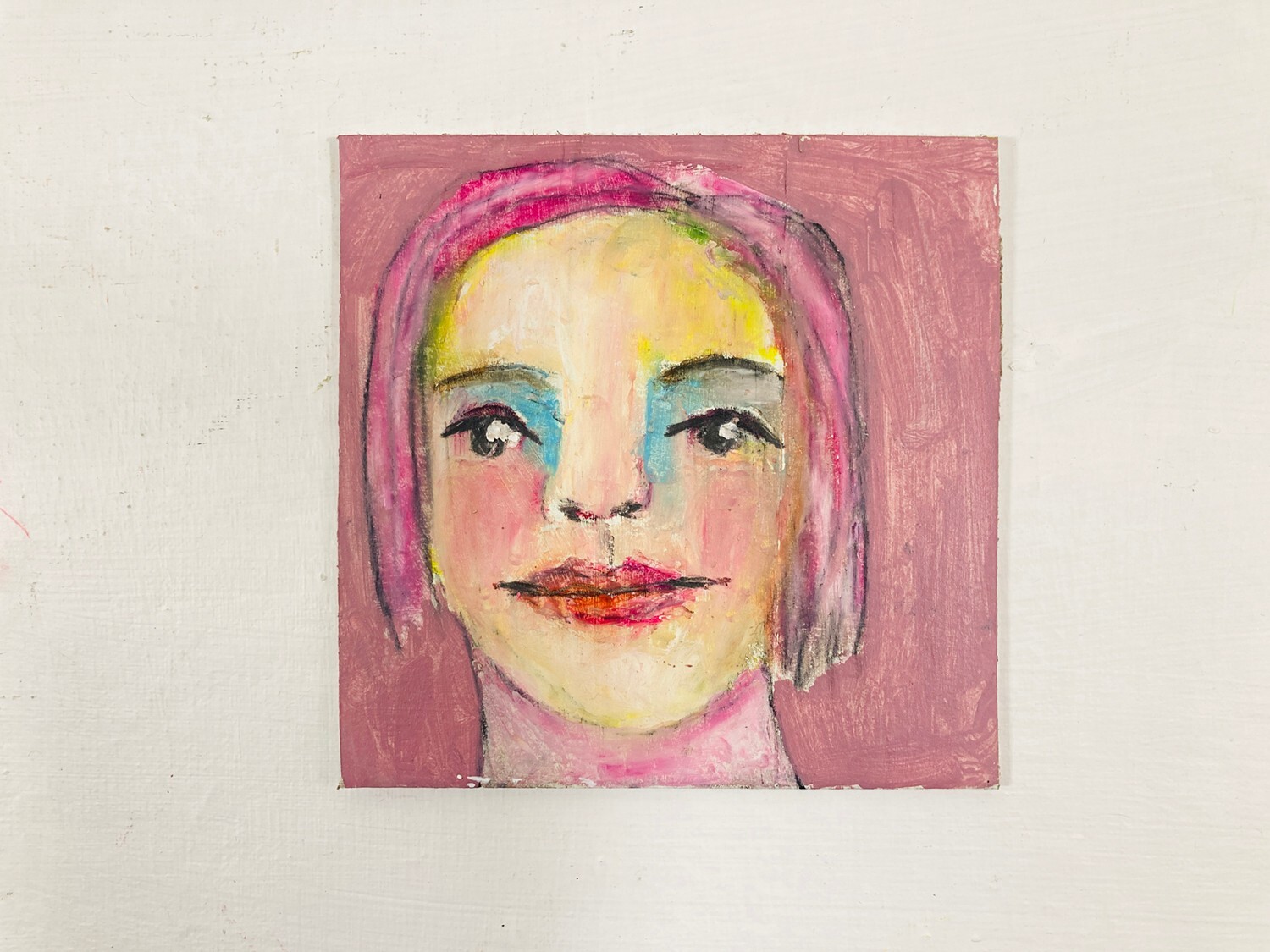 Outsider Art Expressive Artsy Woman Pink Hair Portrait Art Cardboard Miz Katie
