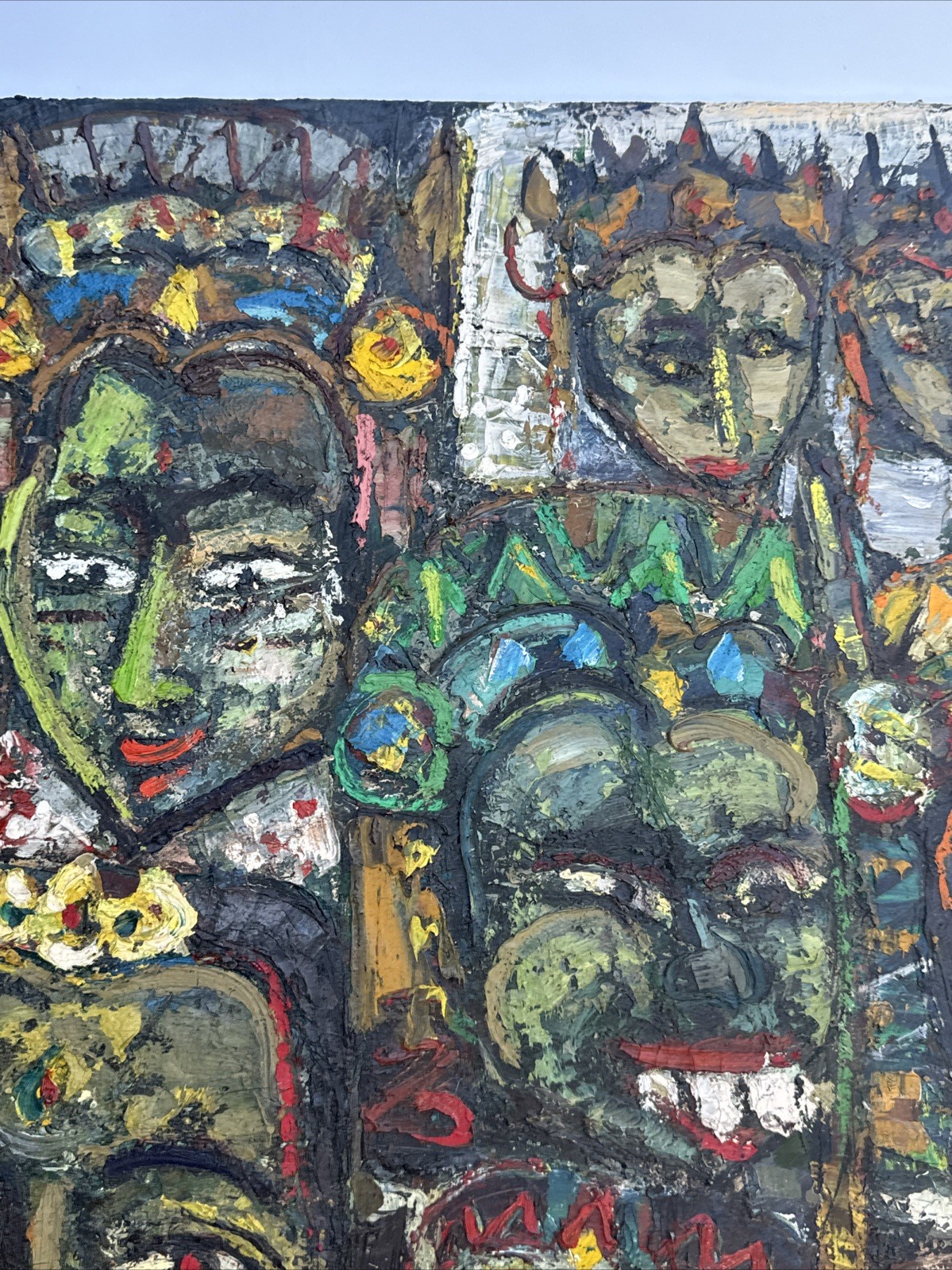 MID CENTURY PAINTING PORTRAIT ABSTRACT MODERNIST FACES HEADS ASIA INDIA MYSTERY