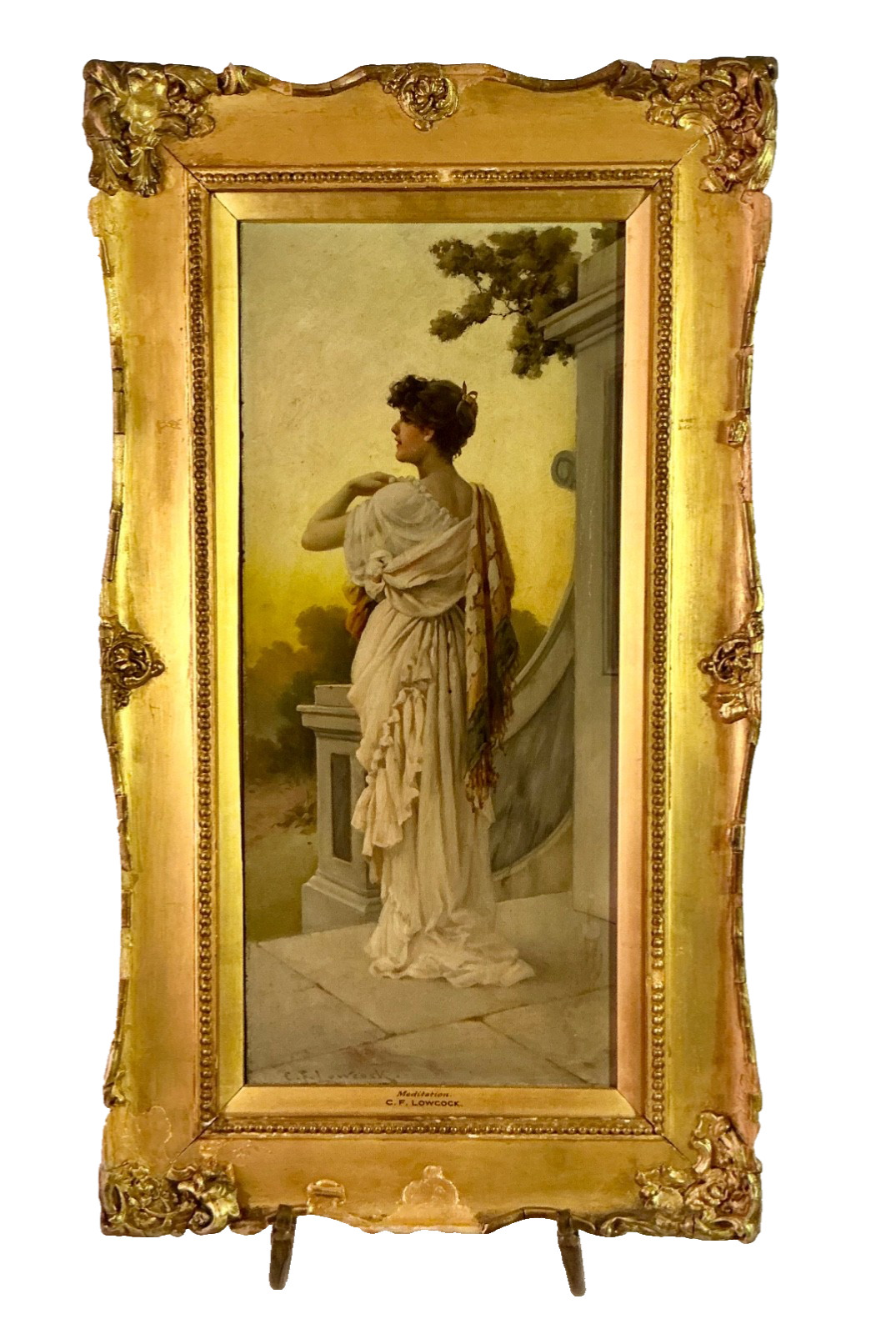 C.F. Lowcock (English, 1844-1925) Framed Oil on Wood Titled “Meditation” c1870s