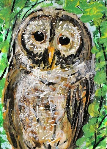 ORIGINAL ACEO PAINTING Spotted OWL BIRD Spring Flowers Animal Nature ATC ART
