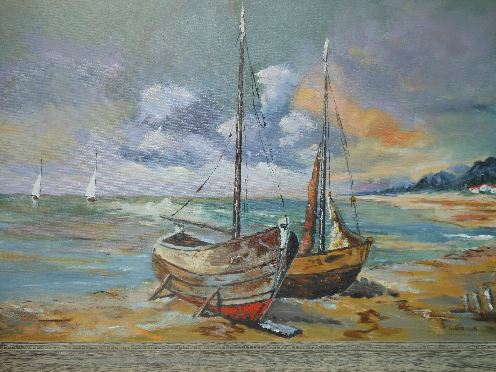 Vintage Impressionist Seascape Oil Painting L Graus 18″ x 24″ Boats