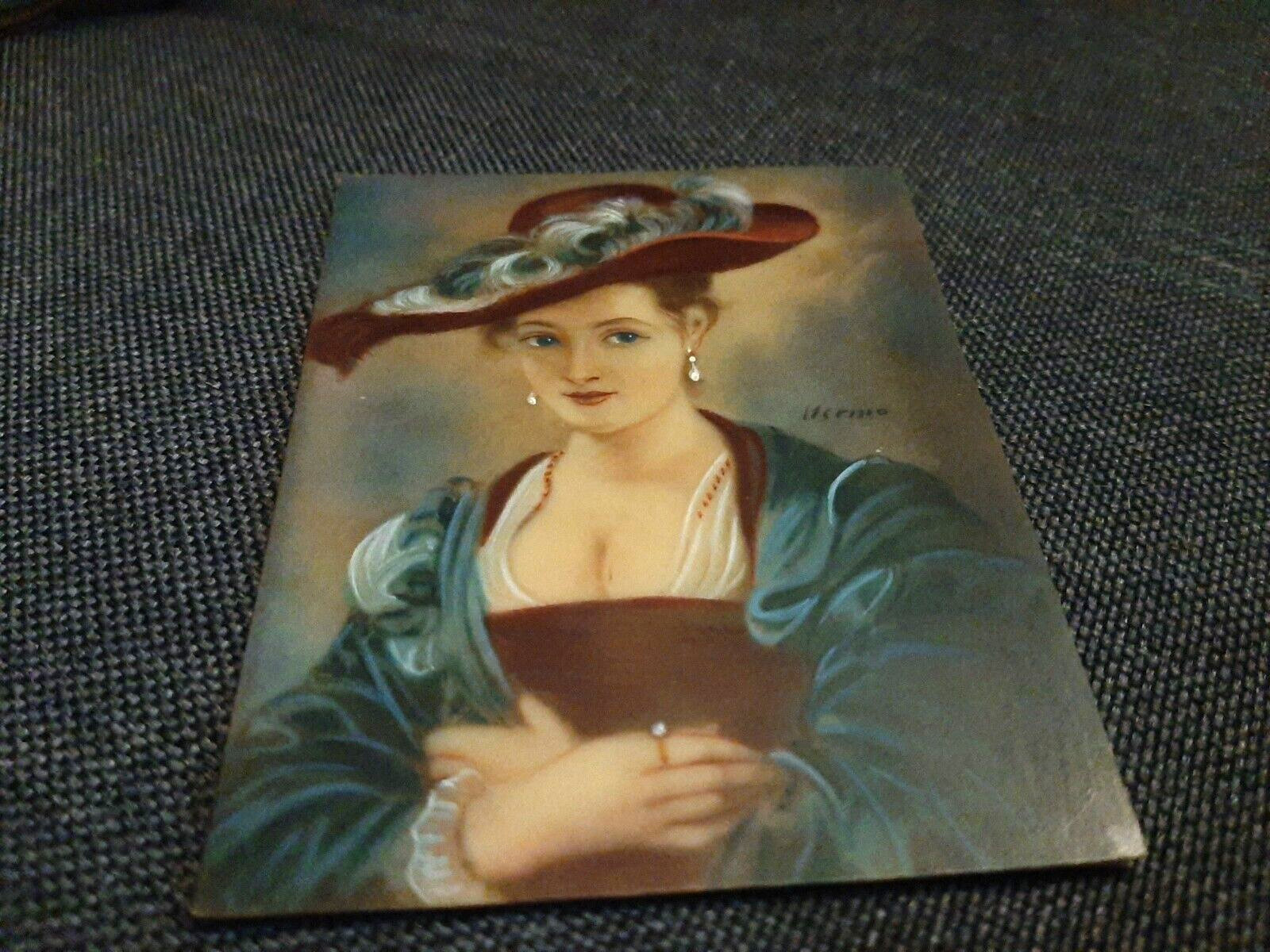 Miniature Hermo Signed Portrait French Lady Straw Hat, Peter Paul Rubens Style