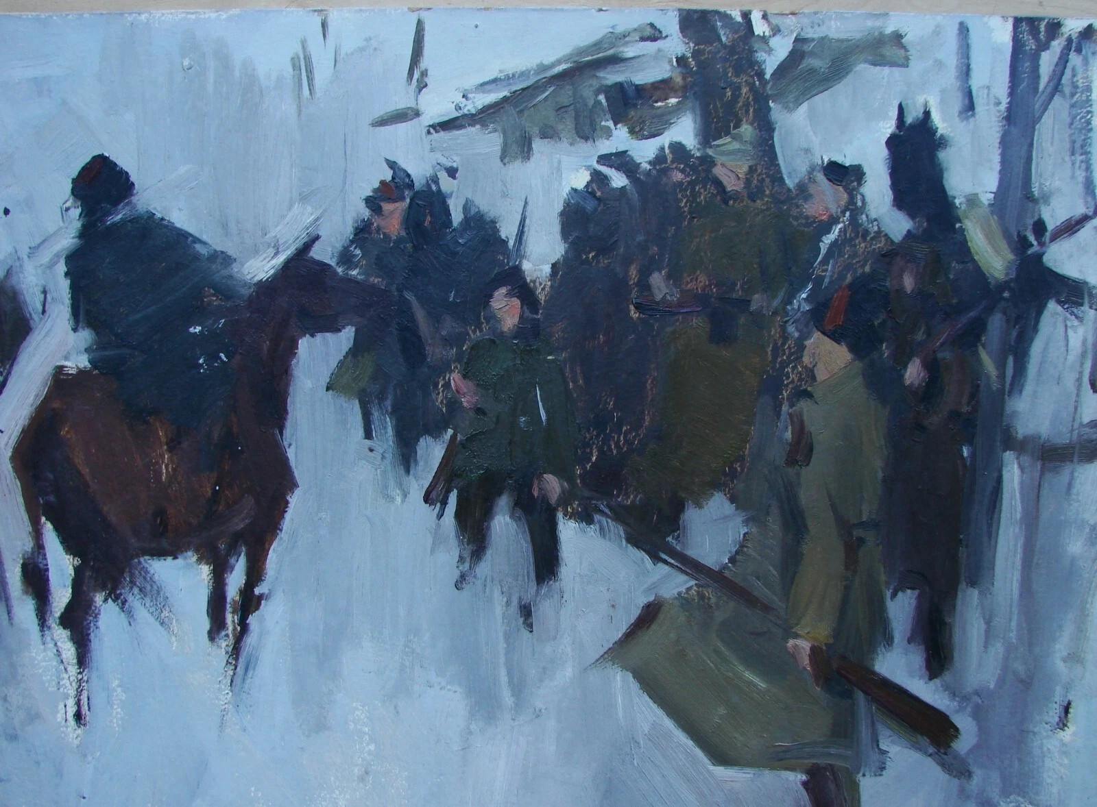 Ukrainian Soviet two Oil Paintings impressionism landscape house rider winter