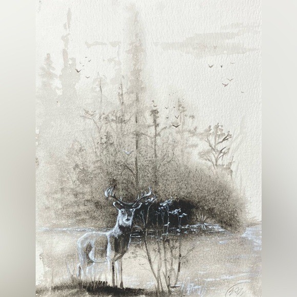 Original Deer Watercolor Painting Majestic Forest Woodland Art Signed Artettina