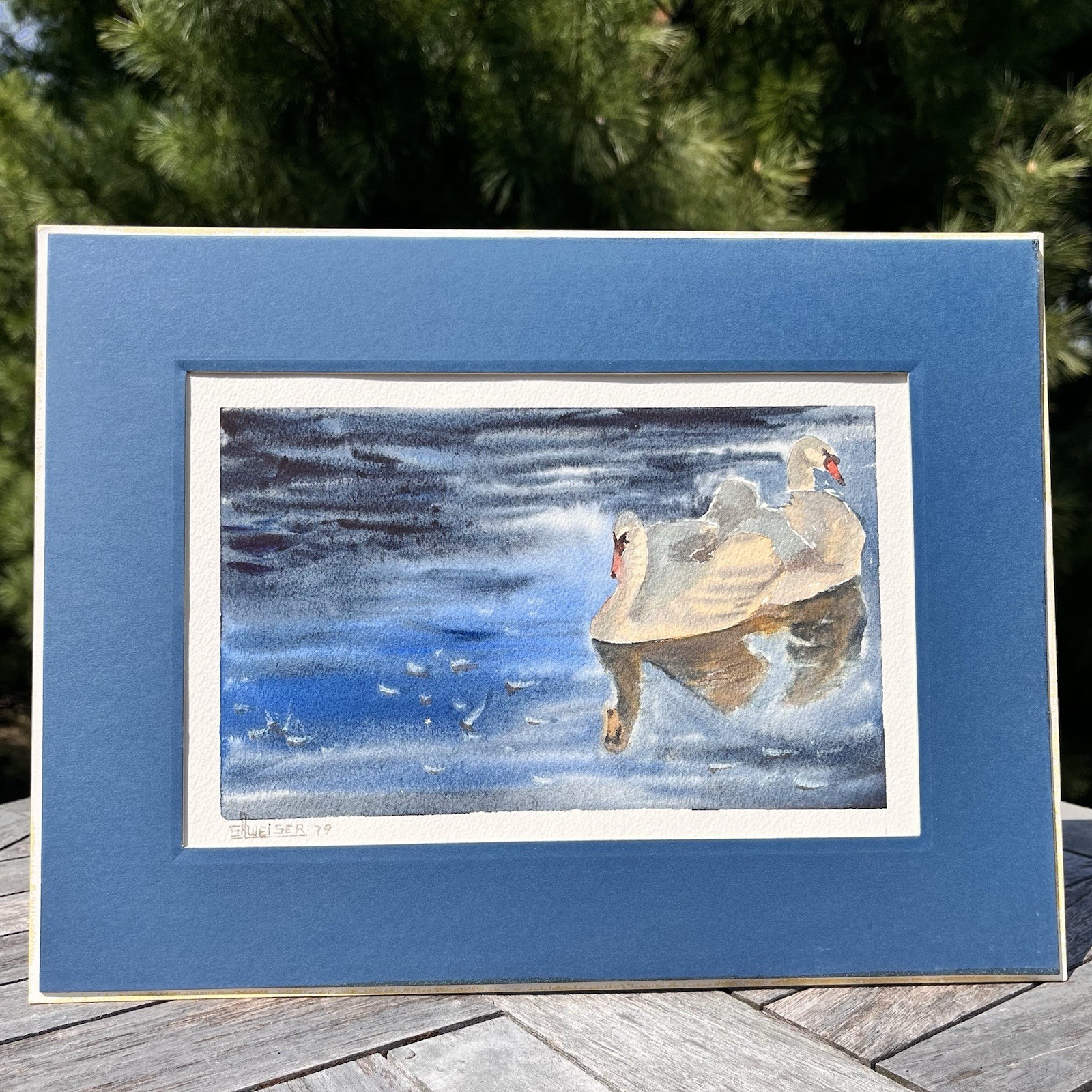 Vintage Original Watercolor Art Two Swans Signed Navy Blue Mat 12×9” Weiser 1979