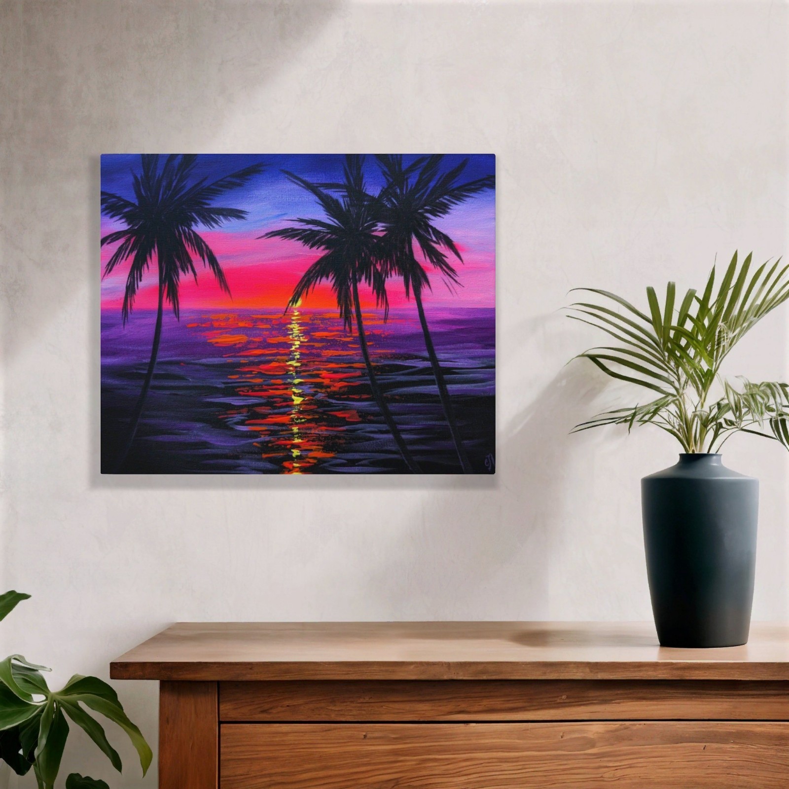 Tropical Sunset Beach Original Painting. Hand-Painted Seascape Canvas. Palm Tree