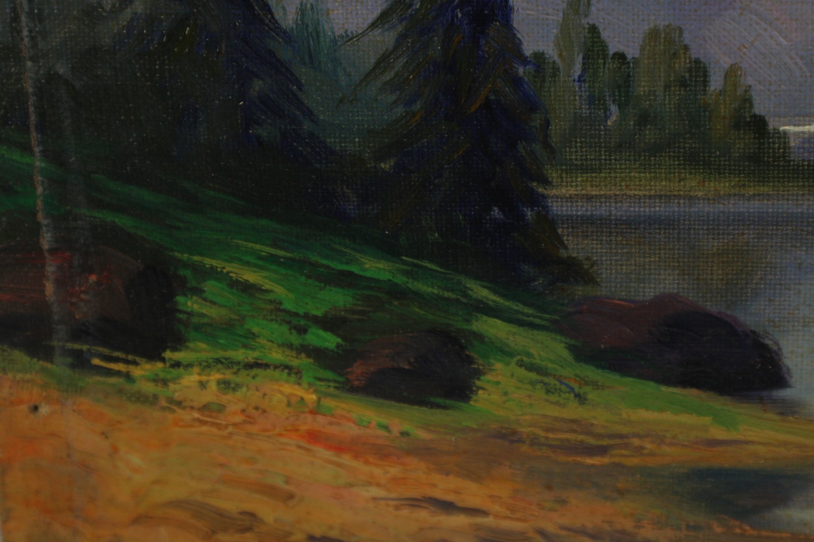 Antique Gem Snow Capped Mountain Lake Small Landscape Oil Painting Unsigned