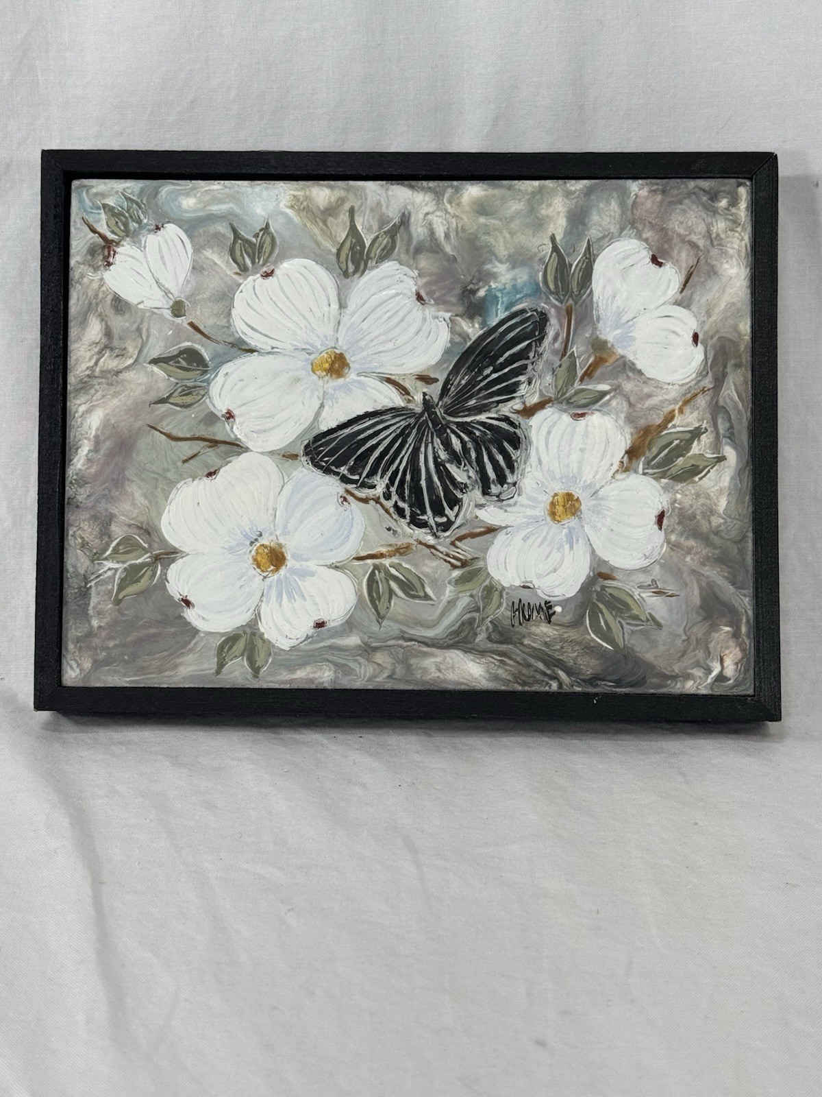 Encaustic Painting Dogwood Blossoms. Signed By Julie Ann Hume. 8.5”x6.5”