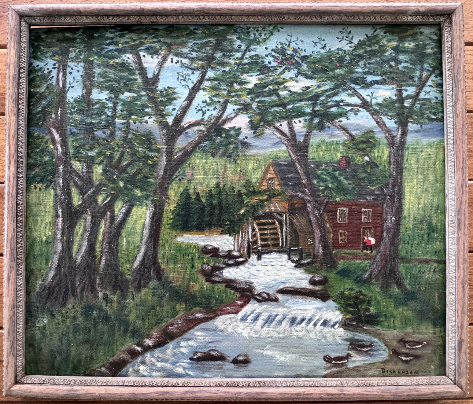 Vintage Signed Painting Wooded Landscape with River and Falls Dickerson
