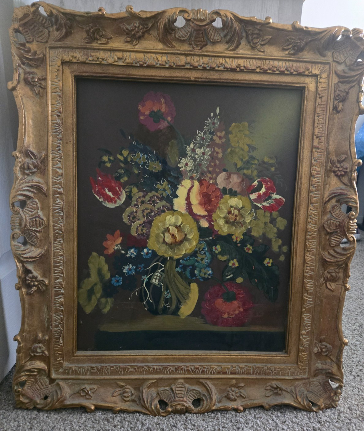 vintage framed floral still life painting antique