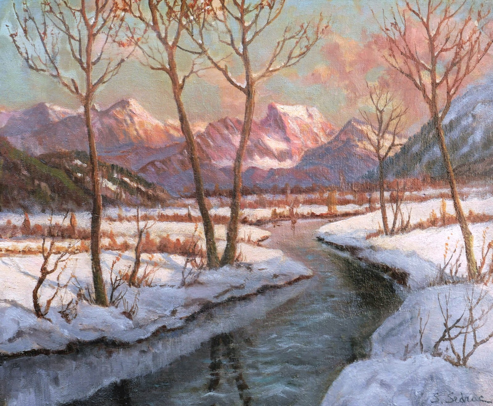 Serge sedrac French Oil Painting Landscape Swiss Alps engadine Winter Snow River