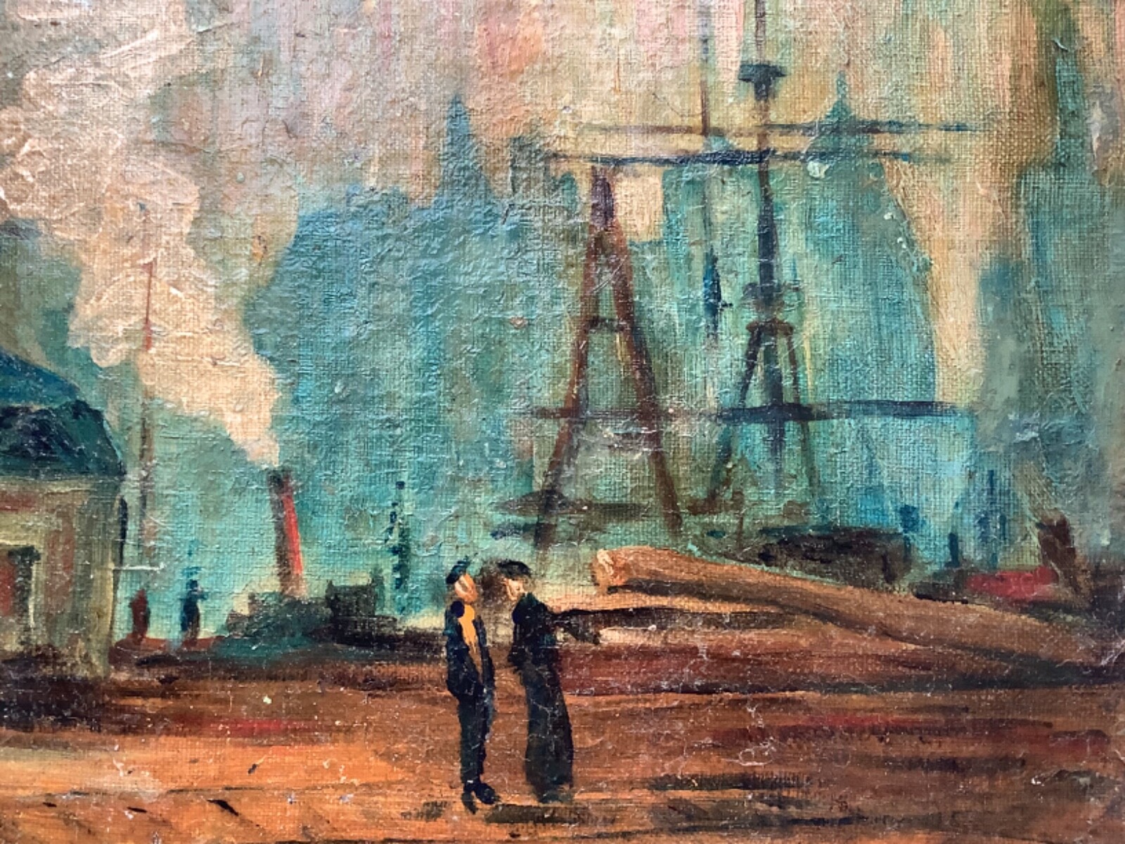 19th LEBOURG Signed – FRENCH IMPRESSIONISM Oil Painting – Port in Rouen