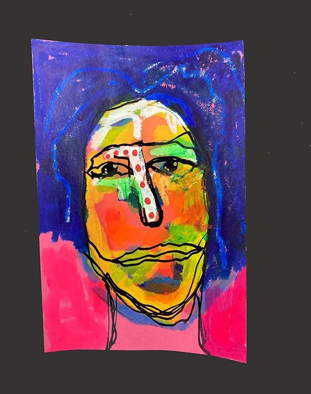 Woman Portrait Painting Naive Outsider 4×6 Wall Art Pink Blue Hair April Fool