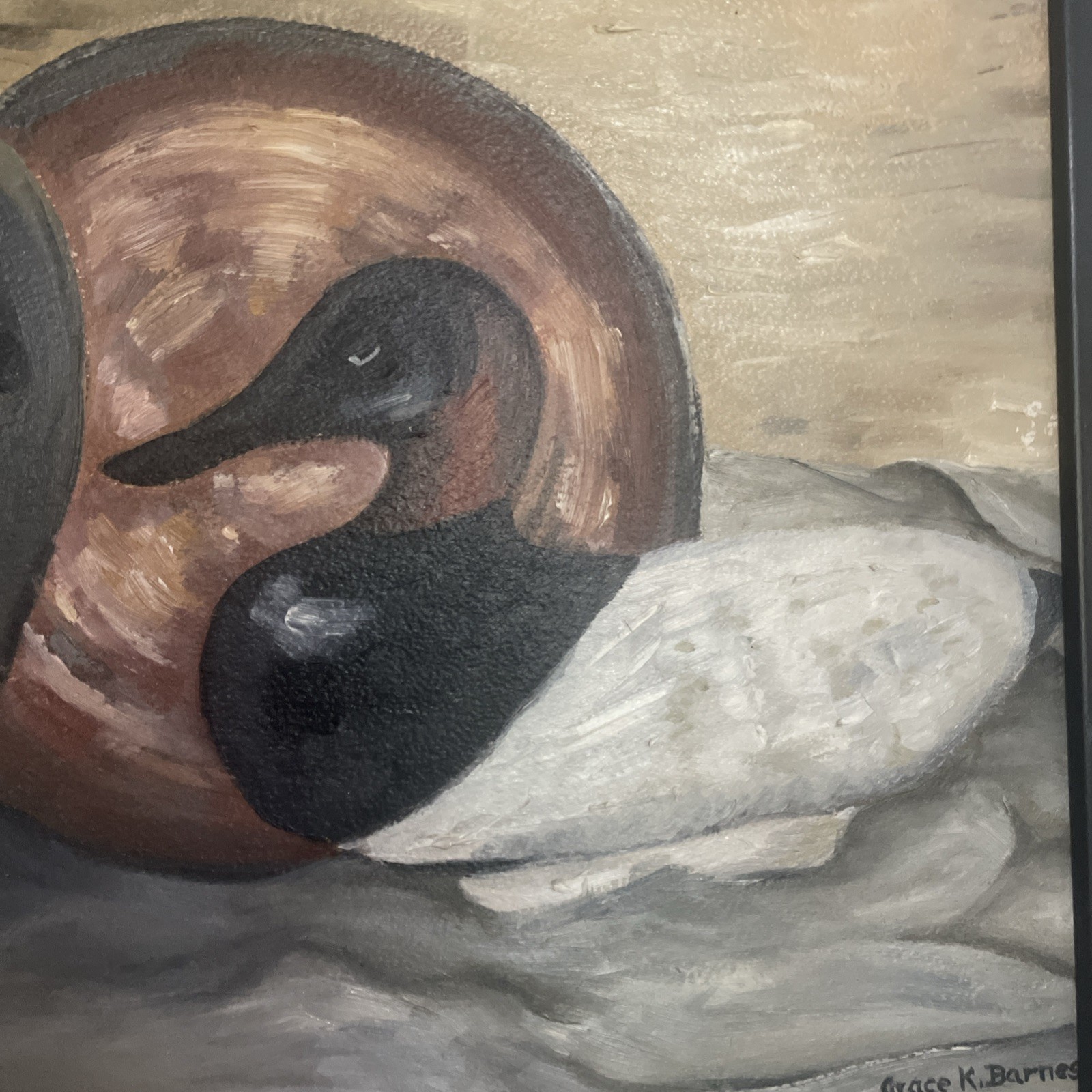 Painting Still Life Duck Decoy On Board Signed Grace K. Barnes Framed 17×13