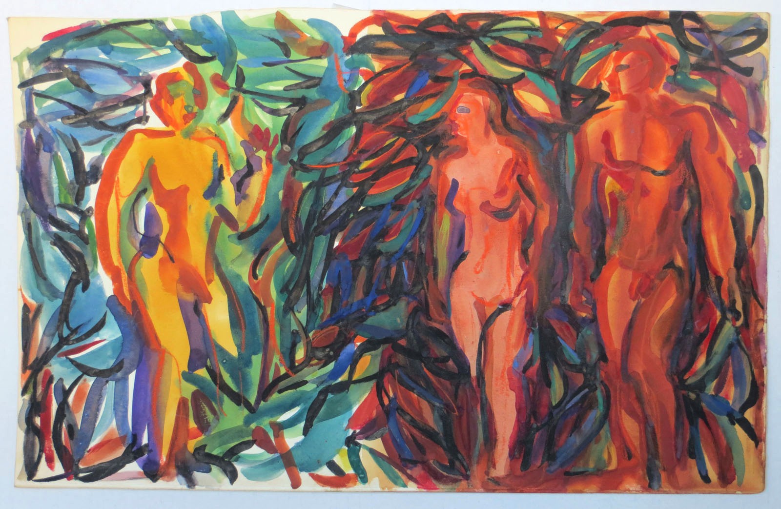 Original Watercolor Painting of Nude Men & Woman by Carl Shaffer, WPA Artist