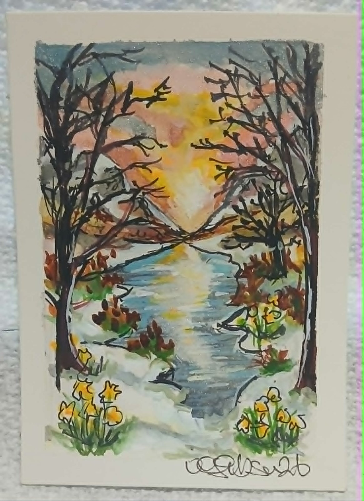 ACEO OOAK Winter Walk Loose Watercolor Scribble Landscape Snowy Lake Sunrise