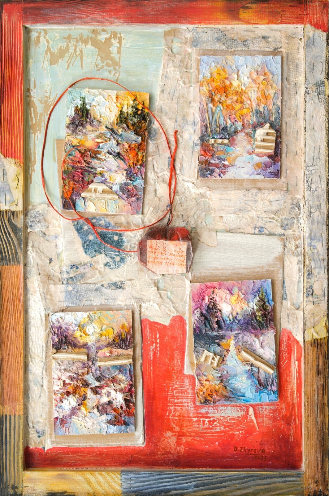 Original framed mixed media artwork; Textured oil, acrylic and textile painting