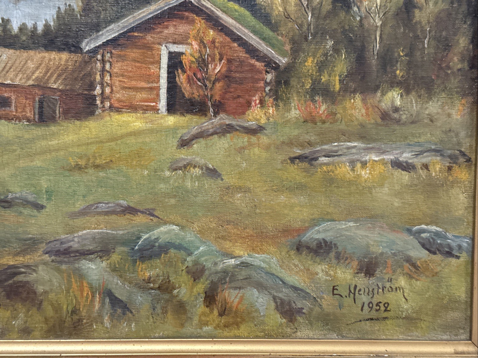 Vintage Swedish Landscape Oil Painting by E. Hallstrom on Canvas 1952