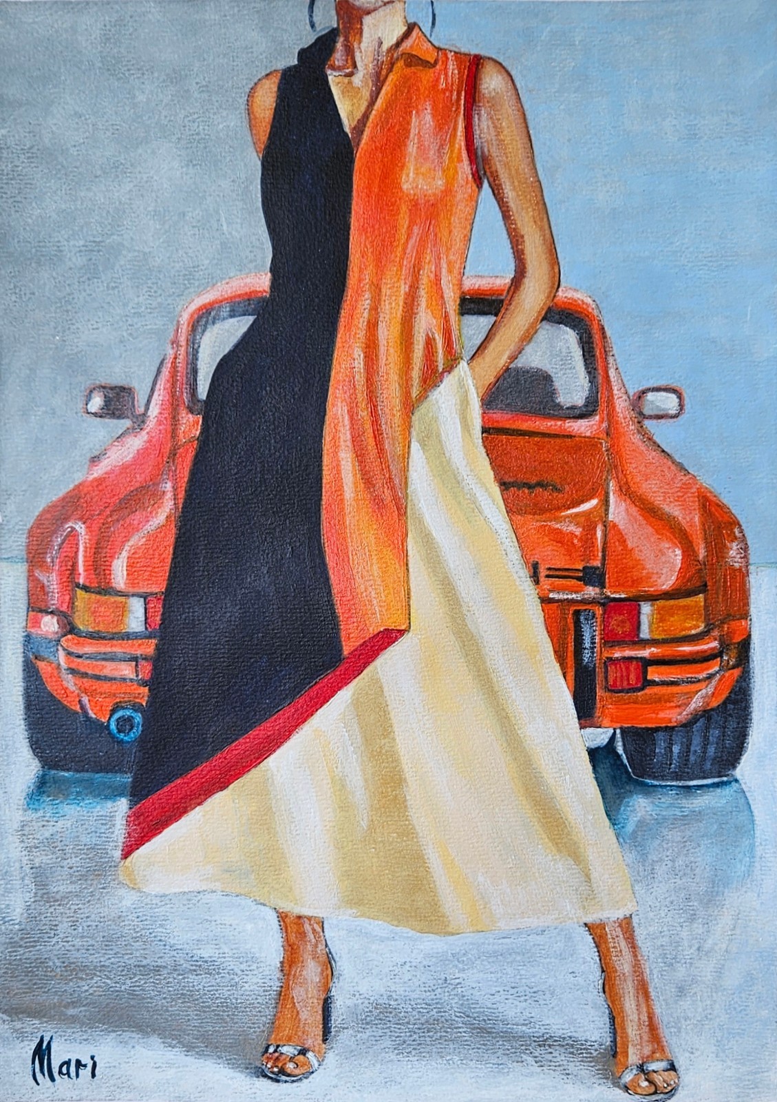 Porsche 911 Painting Sport Car Woman Figure Original Acrylic Art Modern Wall Art