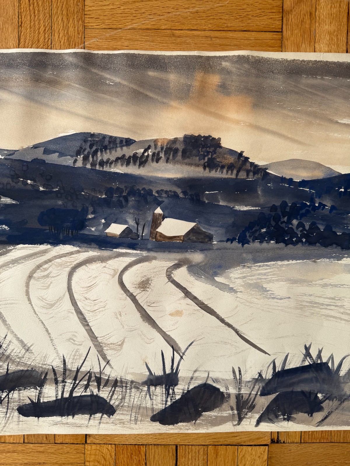 Vintage 1950’s Watercolor Painting Snowy Landscape Barn Field OOAK 18 x 24