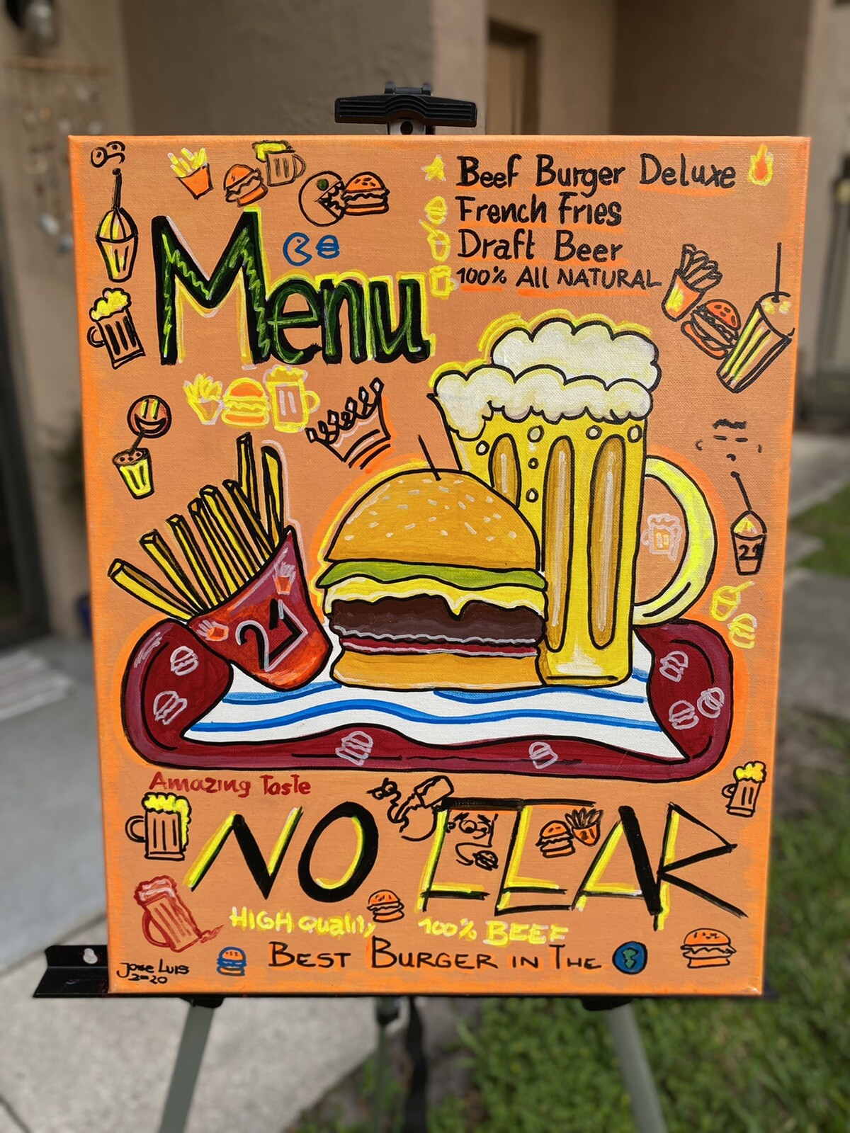 Original Artwork Burger Sign , , Acrylic On Canvas, 22×16 Inc Varnish Finish,