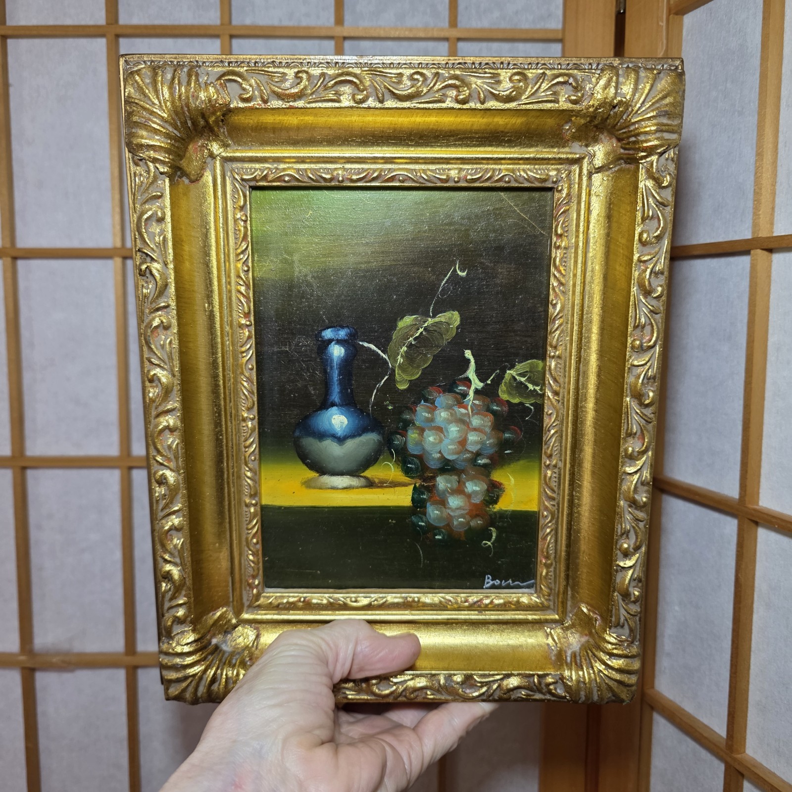 Pair Vtg Small Miniature Signed Art Oil Paintings on Board Framed Gold Ornate