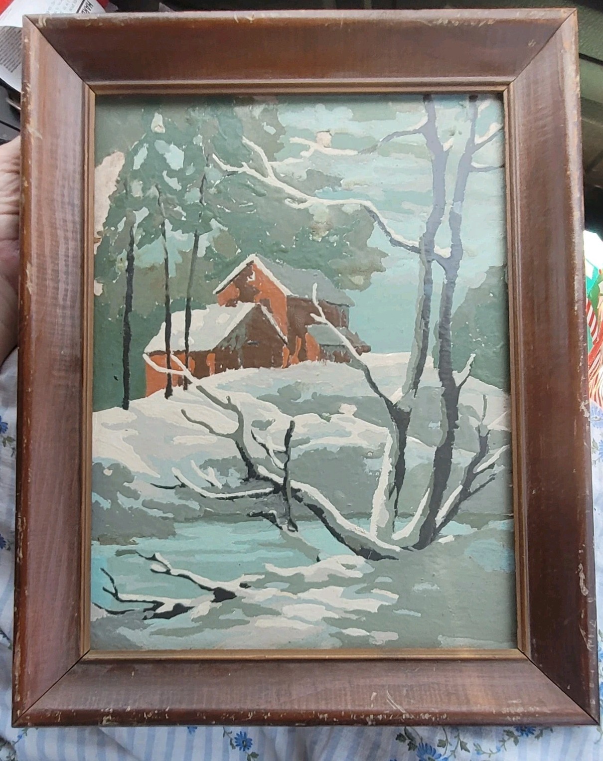 Vintage Wood Framed Completed Paint By Number Winter Lodge 14.5″ X 11.5″