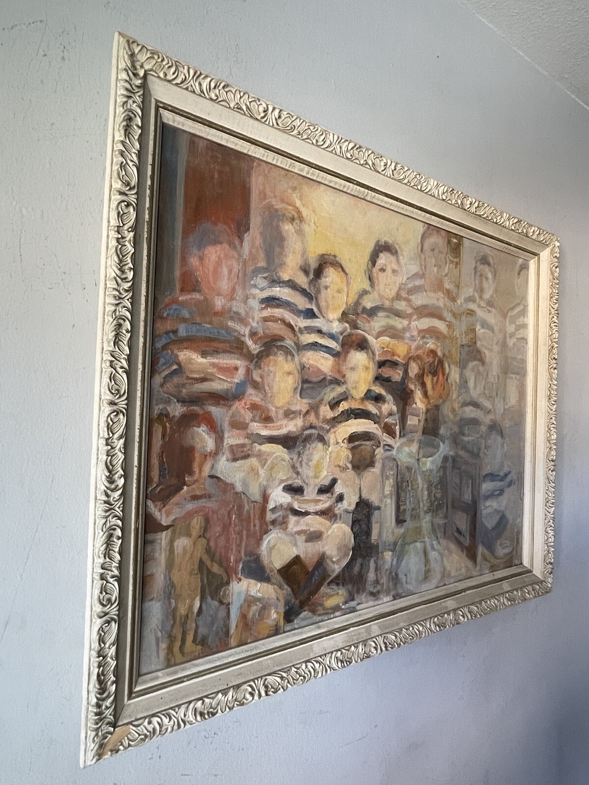 FLORENCE CONRAD VINTAGE MODERN ABSTRACT OLD FOOTBALL TEAM OIL PAINTING COLLAGE