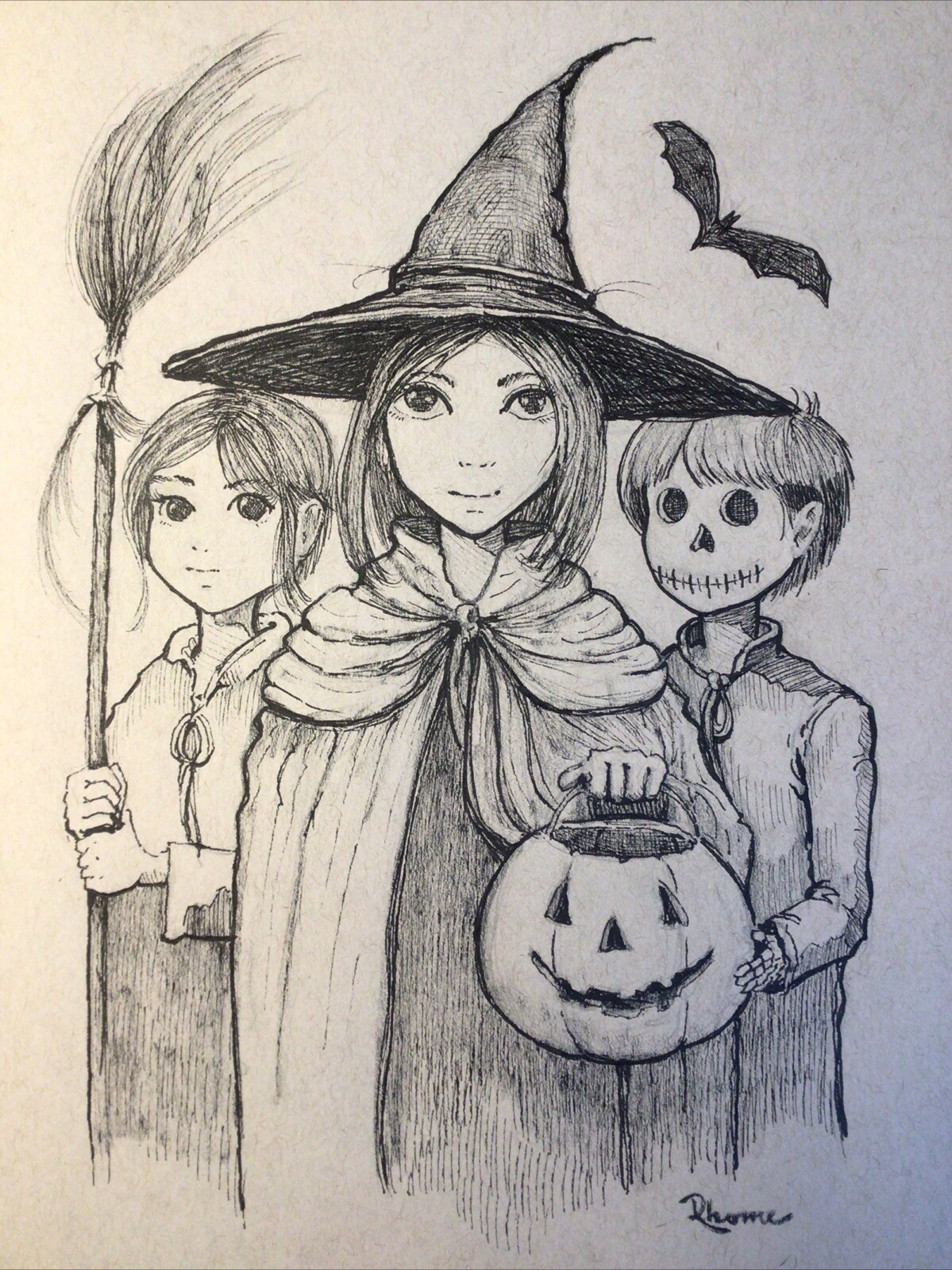 Original Ink Sketch, 9×12 Inches, Three Halloween Trick-or-Treaters