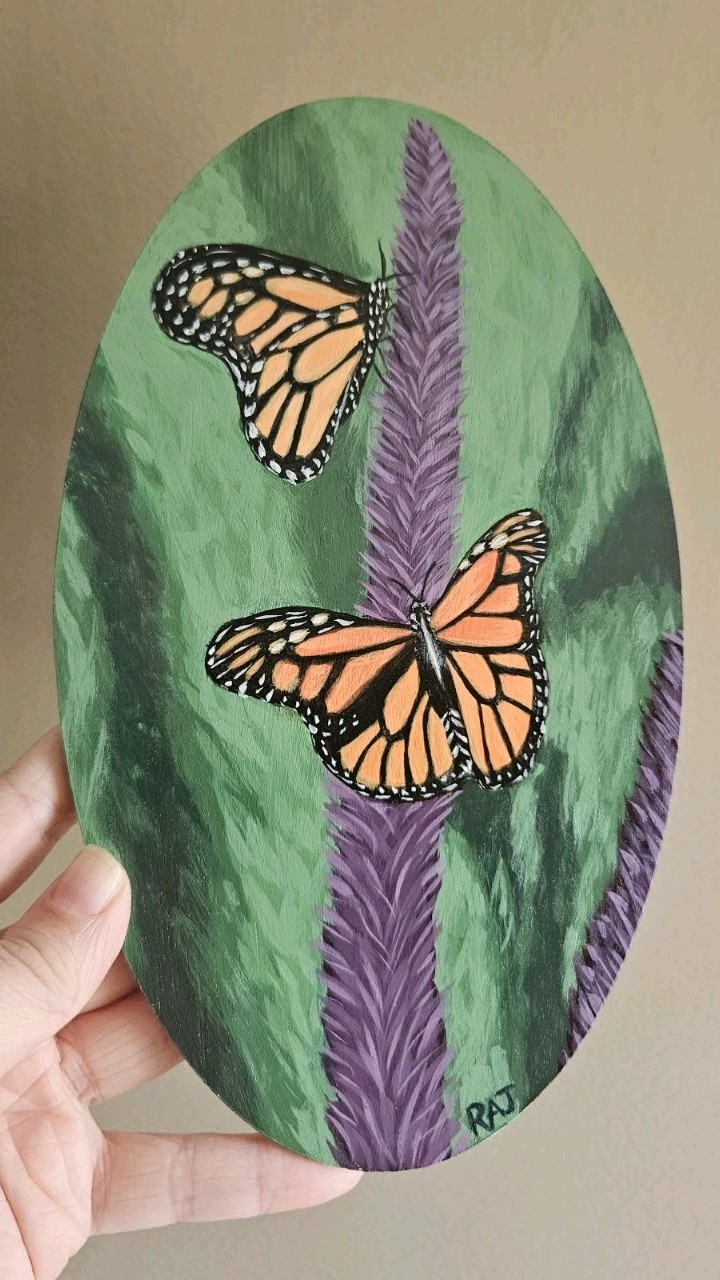 Butterflies On Flower Original Painting Acrylic on Oval Wood Hanging Spring Art