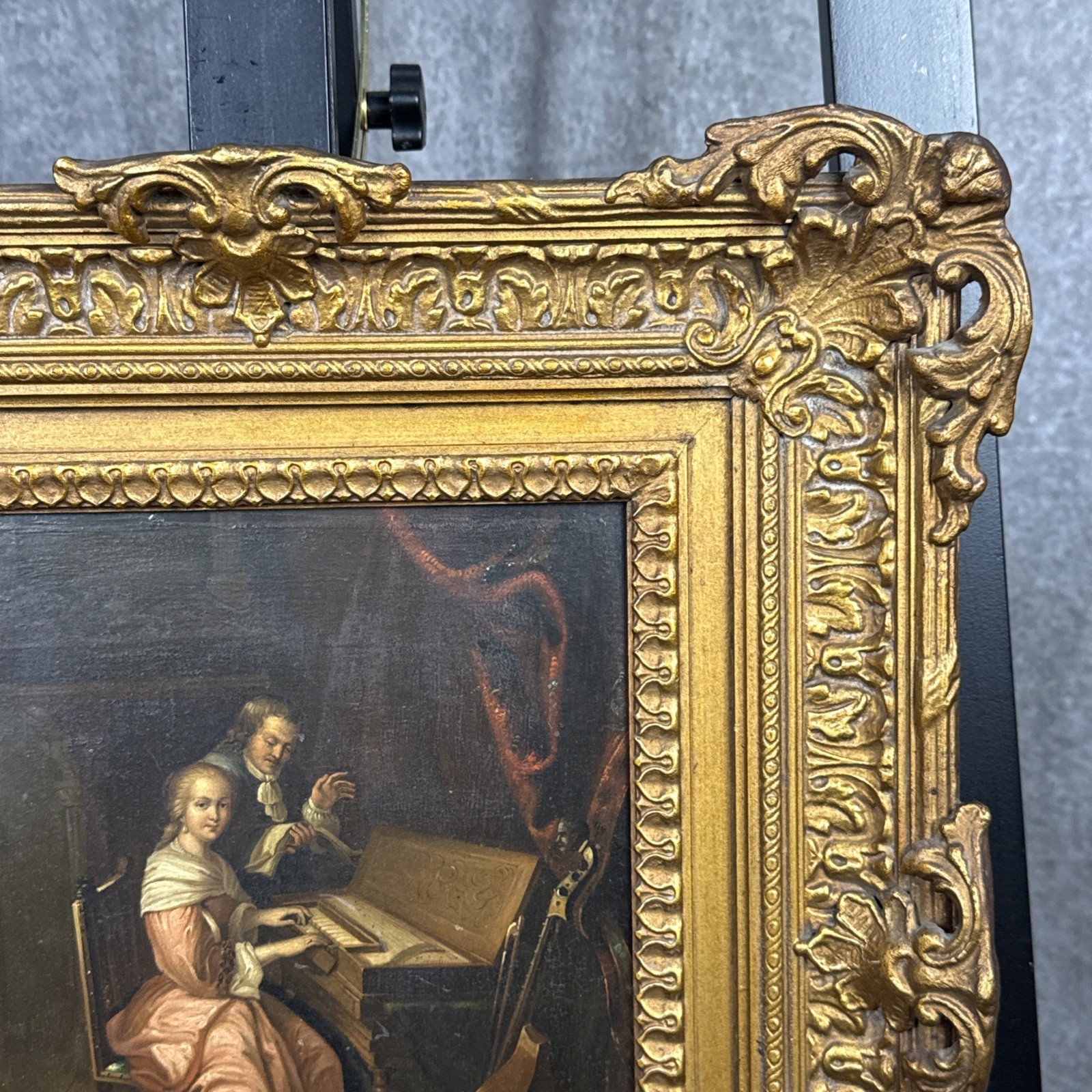 19thC Continental School Oil On Copper Painting Piano Lesson Framed 18×19”