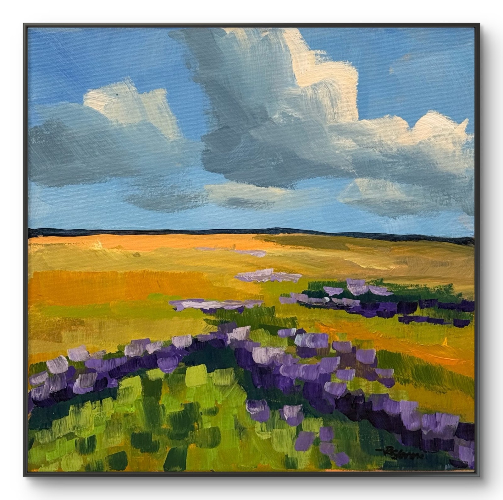 R Stevens Original Acrylic Landscape Painting Purple Flowers Field Clouds 12×12