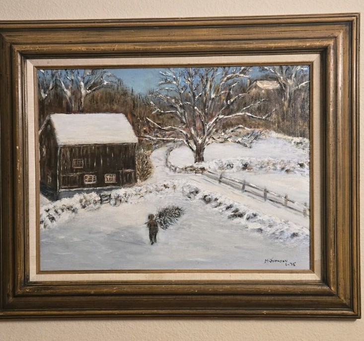VTG Oil Painting Framed Landscape Snow with Christmas Tree and Barn Signed Art