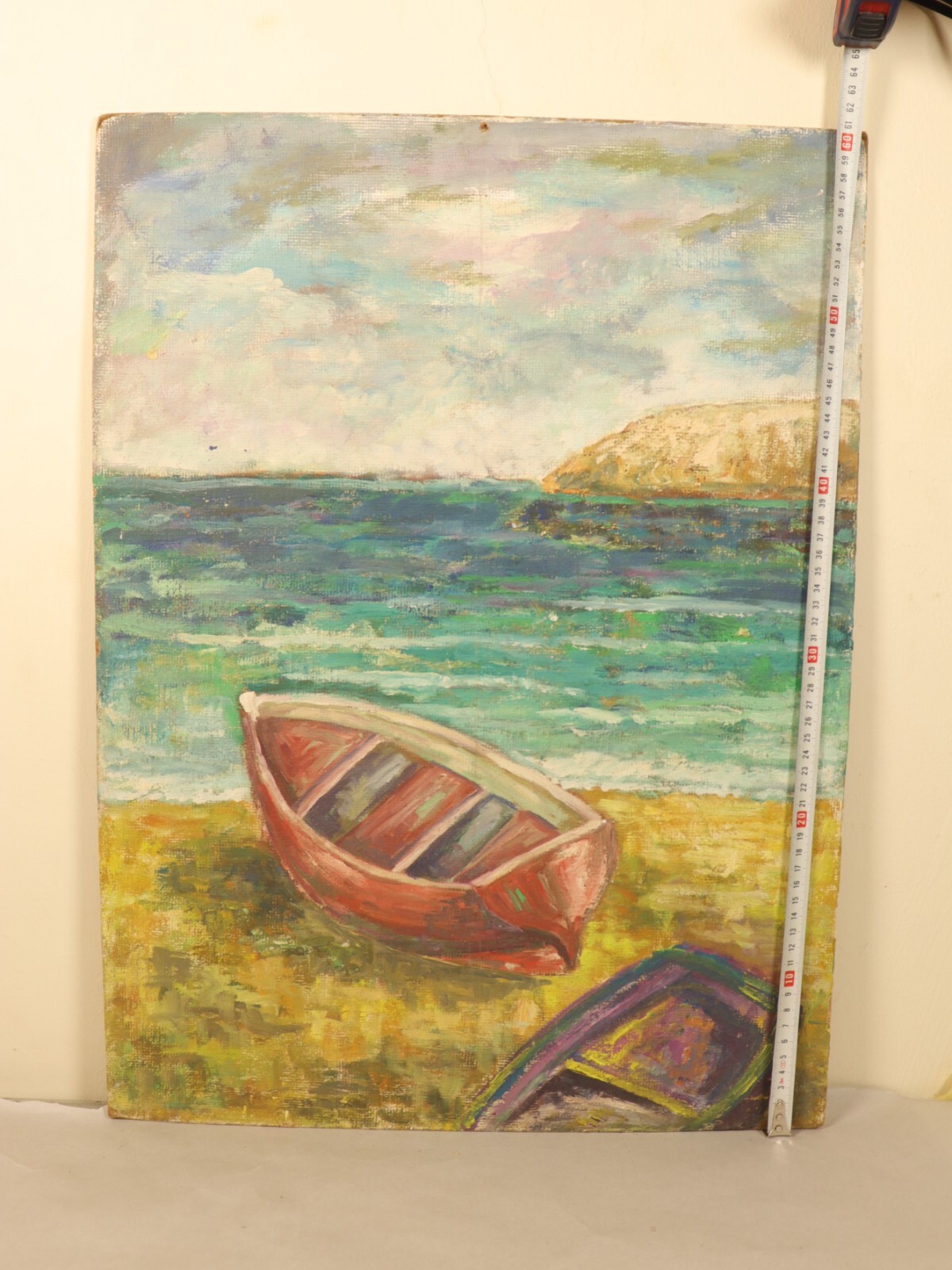 Seaside Tranquility Rare Oil Painting on Canvas Boats On Shore Coastal Landscape