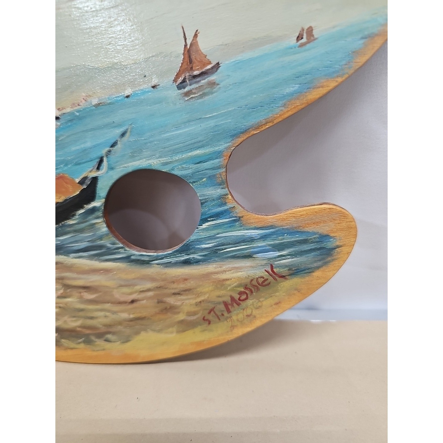 Vintage Nature Oil On Wood Waterfront Painting Palette Signed ST Massek Sz 13×9