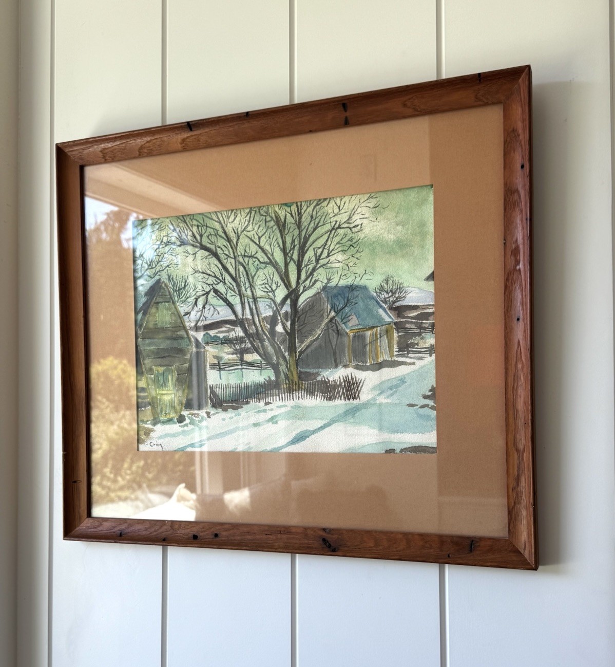 Vintage Watercolor Painting – Winter Farm Scene in Rustic Wood Frame Signed OOAK