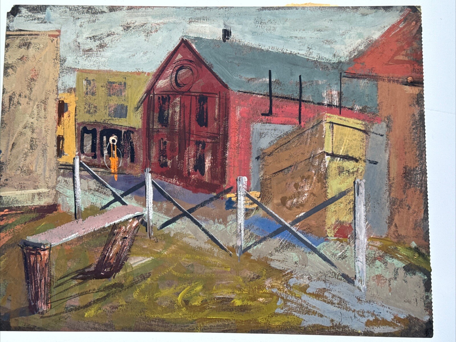 ANTIQUE AMERICAN REGIONALISM PAINTING URBAN CITY LANDSCAPE WPA ERA SIGNED TOWN