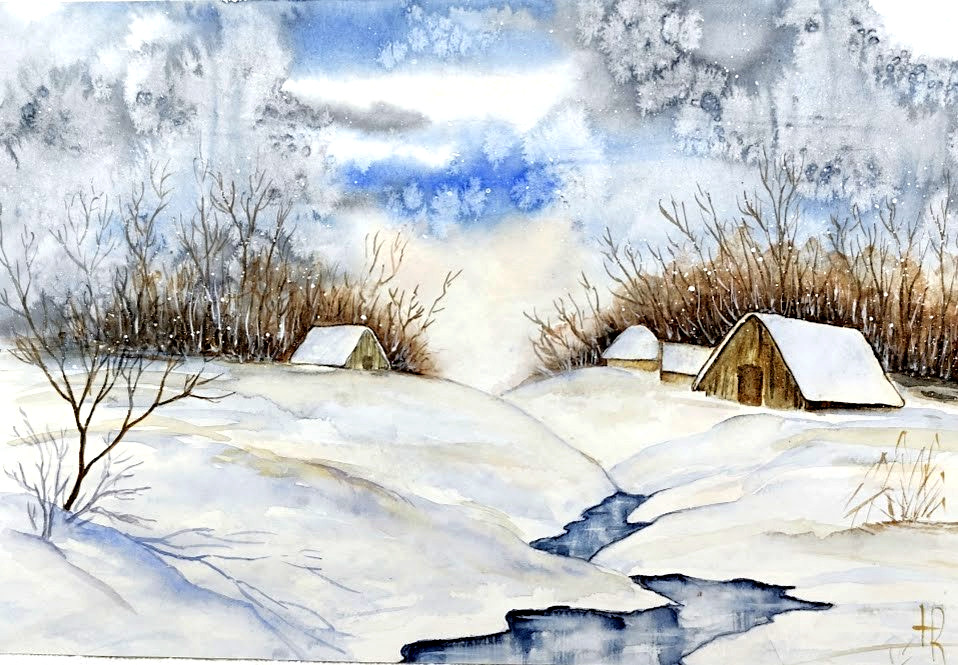 Original Watercolor Painting 13×9 in Unframed Signed Winter Landscape Wall Art